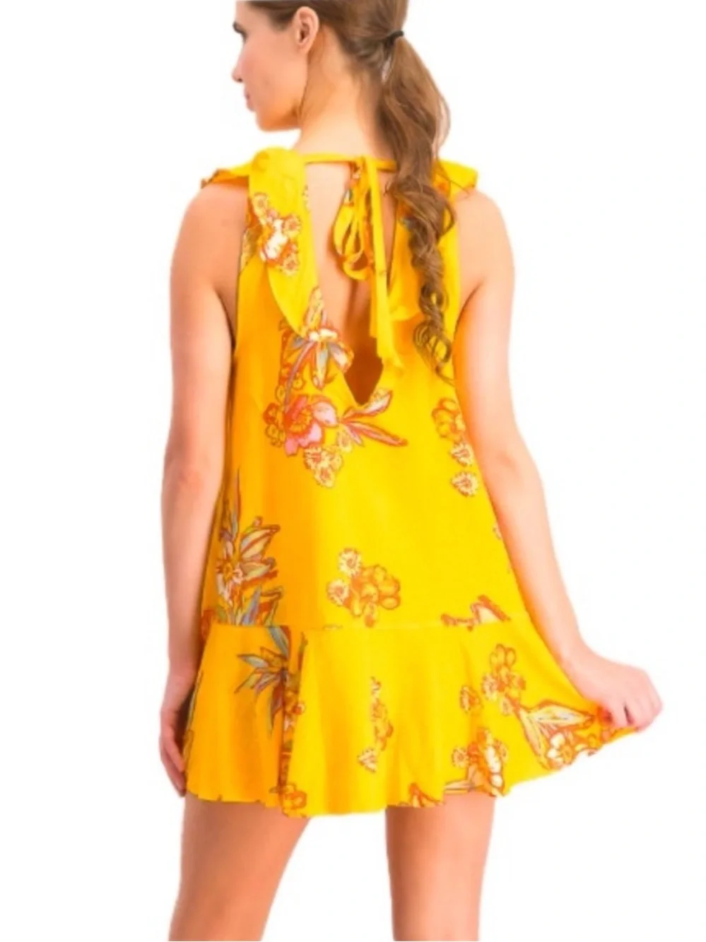 Free People Bright Yellow Floral Ruffle-Hem Mini Dress
